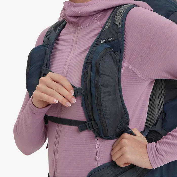 Close-up of Montane Trailblazer 24L Womens Rucksack chest strap adjustment, highlighting secure fit and front storage compartments for essentials.  from  John Bull Clothing