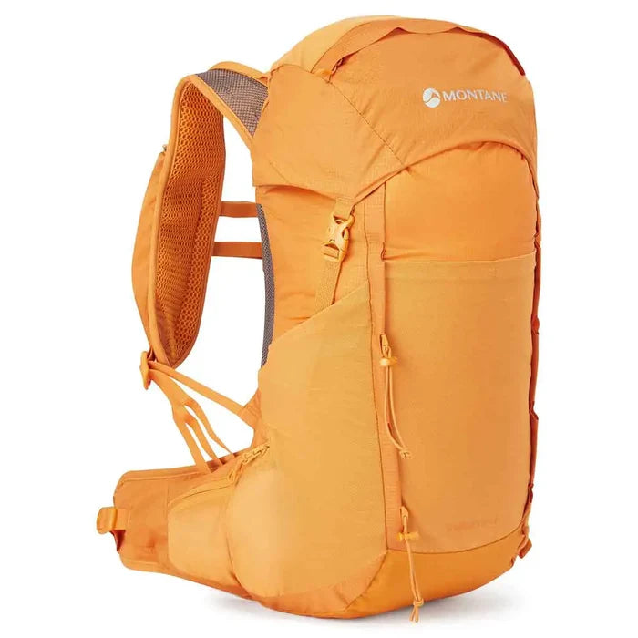 Montane Trailblazer 25L Rucksack in vibrant orange, designed for hiking and outdoor adventures with lightweight, ergonomic support. Flame Orange from  John Bull Clothing