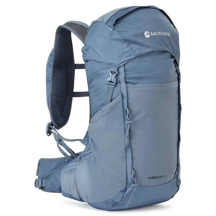 Montane Trailblazer 25L Rucksack in blue, featuring a durable, lightweight design ideal for hiking, biking, and outdoor activities. Stone Blue from  John Bull Clothing