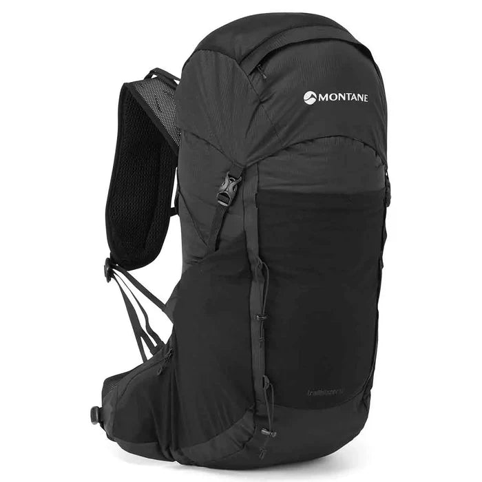 Montane Trailblazer 32 Litre Backpack in black, designed for outdoor adventures with ergonomic straps and multiple compartments for gear storage. Black from  John Bull Clothing