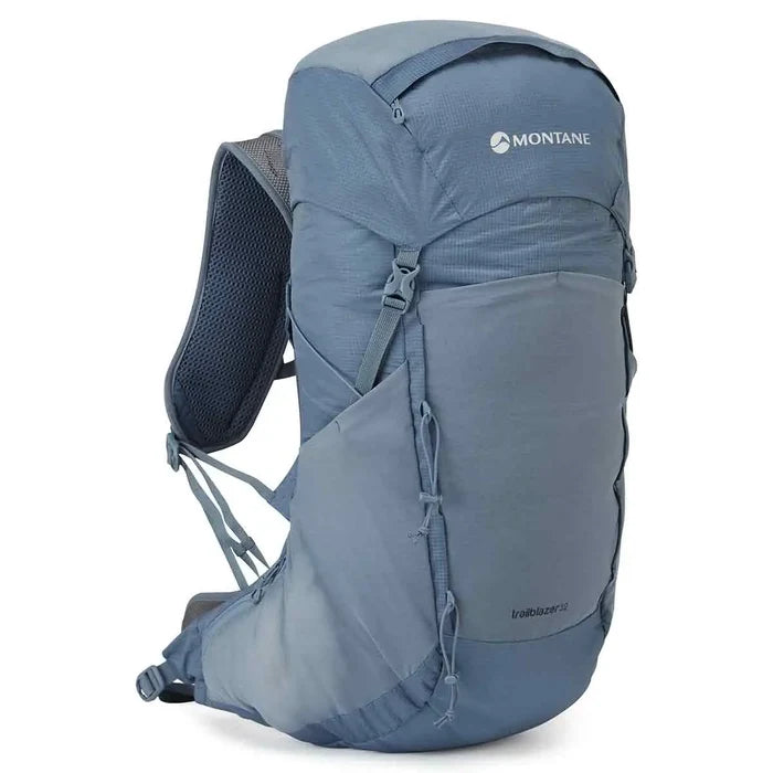 Montane Trailblazer 32 Litre Backpack in blue, featuring lightweight construction, breathable back panel, and adjustable straps for hiking comfort. Stone Blue from  John Bull Clothing