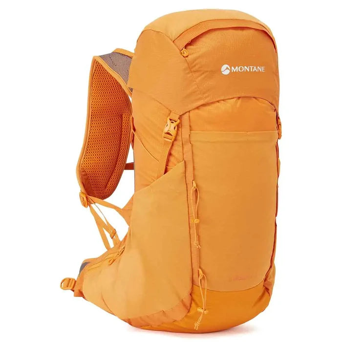 Montane Trailblazer 32 Litre Backpack in orange, offering a durable and spacious design with side pockets and a secure top lid for essentials. Flame Orange from  John Bull Clothing