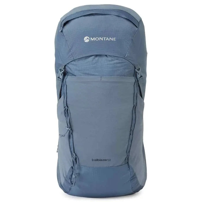 Front view of the Montane Trailblazer 32 Litre Backpack in blue, showcasing its streamlined design, zippered compartments, and rugged fabric.  from  John Bull Clothing