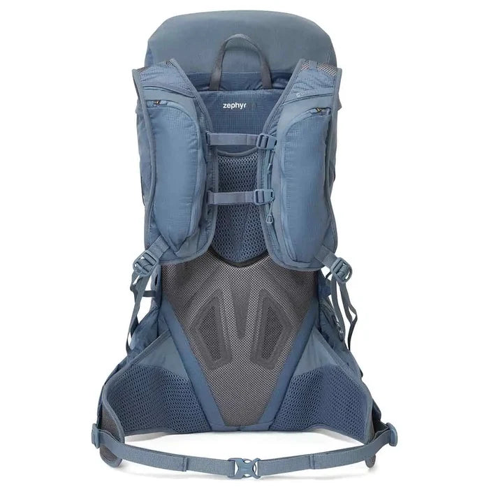 Back view of the Montane Trailblazer 32 Litre Backpack in blue, featuring ventilated padding, adjustable harness system, and multiple storage compartments.  from  John Bull Clothing