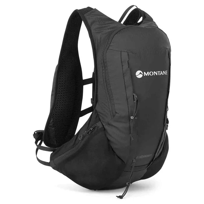 Montane Trailblazer 8L Recycled Backpack in black, offering a sleek, compact design with multiple pockets and hydration compatibility for outdoor enthusiasts. Black from  John Bull Clothing
