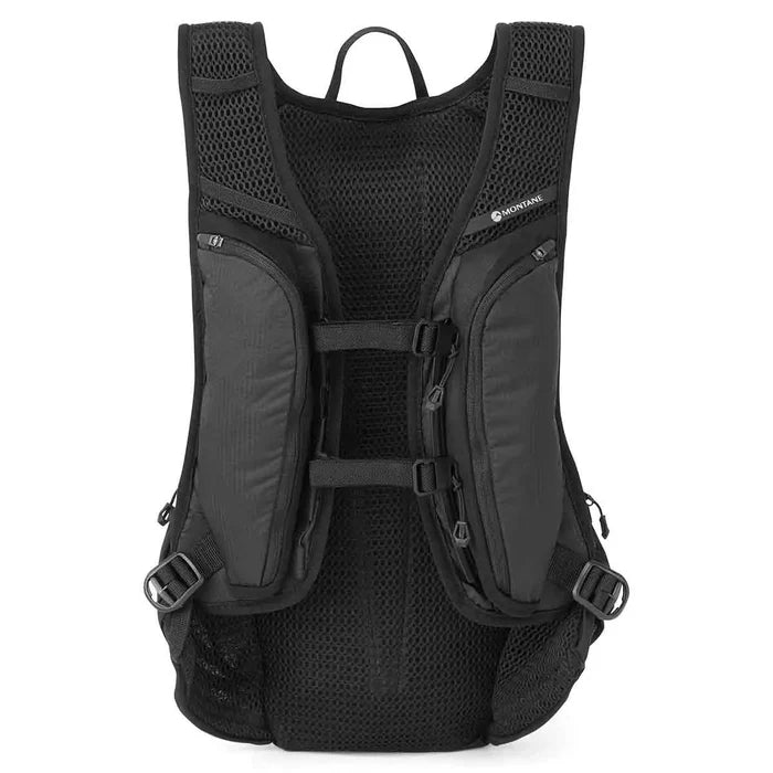 Back view of the Montane Trailblazer 8L Recycled Backpack in black, highlighting adjustable chest straps, breathable mesh, and ergonomic support for comfort.  from  John Bull Clothing