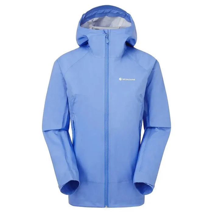 Montane Women's Cetus Lite Waterproof Jacket in light blue with a hood, full-zip front, and lightweight rain protection.  from  John Bull Clothing