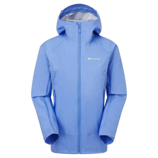 Montane Women's Cetus Lite Waterproof Jacket in light blue with a hood, full-zip front, and lightweight rain protection.  from  John Bull Clothing
