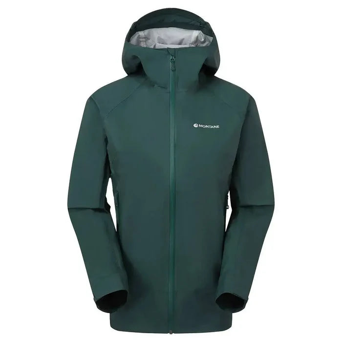 Montane Women's Cetus Lite Waterproof Jacket in dark green, featuring a hood and breathable waterproof fabric for outdoor adventures.  from  John Bull Clothing