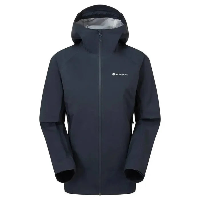 Montane Women's Cetus Lite Waterproof Jacket in black, designed with a hood and durable waterproof material for all-weather protection.  from  John Bull Clothing