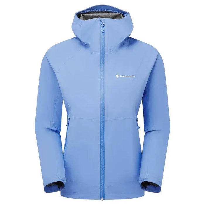 Montane Womans Minimus Lite Waterproof Jacket in sky blue, breathable and packable rain coat for women’s endurance and trail running gear. Cornflower from  John Bull Clothing