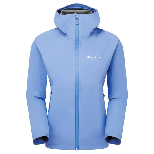Montane Womans Minimus Lite Waterproof Jacket in sky blue, breathable and packable rain coat for women’s endurance and trail running gear. Cornflower from  John Bull Clothing