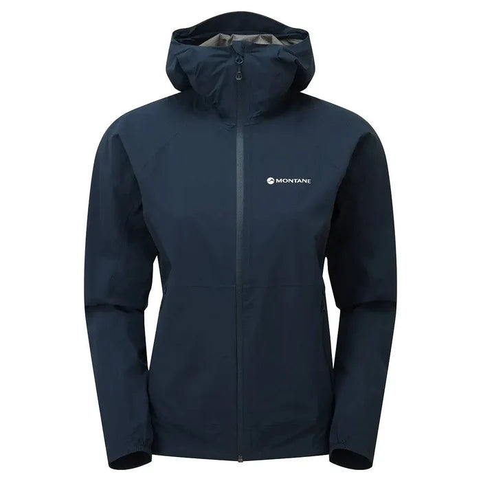 Montane Womans Minimus Lite Waterproof Jacket in navy blue with hood, ideal for trail running and outdoor endurance. Lightweight rain coat for women. Eclipse Blue from  John Bull Clothing