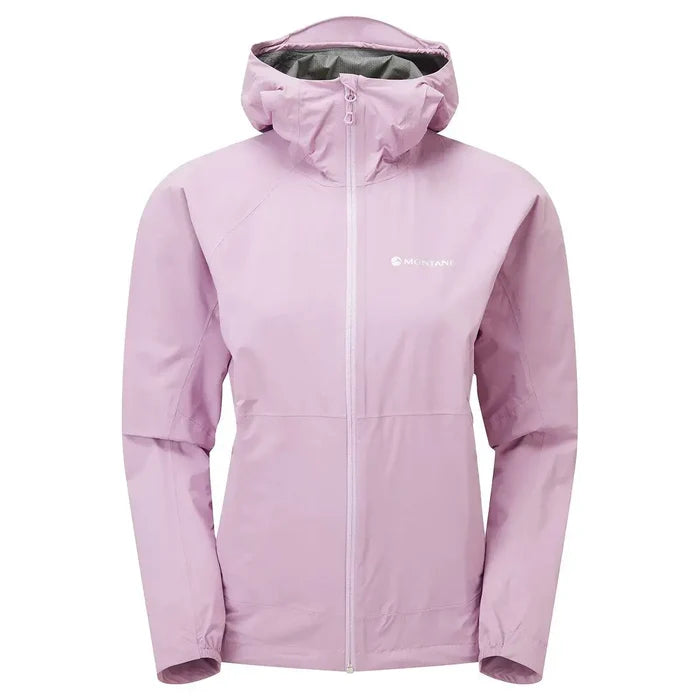 Montane Womans Minimus Lite Waterproof Jacket in soft pink, designed for active women seeking lightweight waterproof outerwear for outdoor adventures. Allium from  John Bull Clothing
