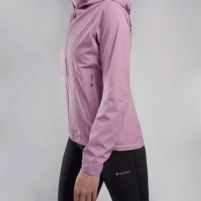 Side view of pink Montane Womans Minimus Lite Waterproof Jacket worn by woman, showing zippered pockets and athletic fit for performance wear.  from  John Bull Clothing