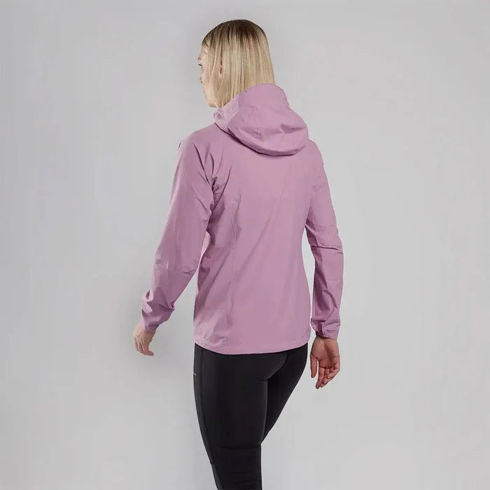 Back view of pink Montane Womans Minimus Lite Waterproof Jacket, showing hood and ergonomic design for outdoor movement and comfort.  from  John Bull Clothing