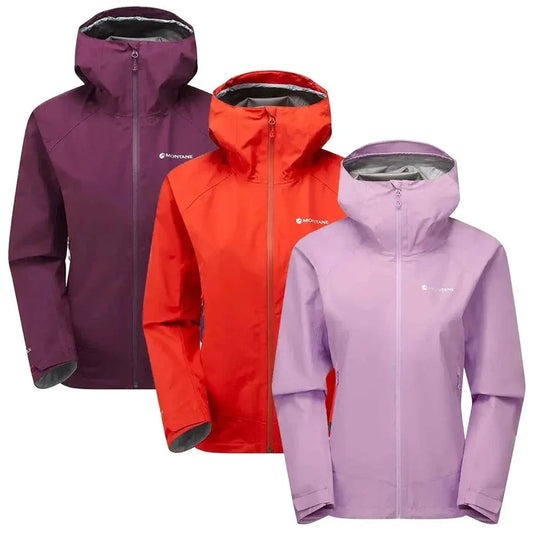 Montane Womens Spirit Waterproof Jacket in three colors: purple, red, and lilac. Lightweight and durable raincoat for weather protection.  from  John Bull Clothing