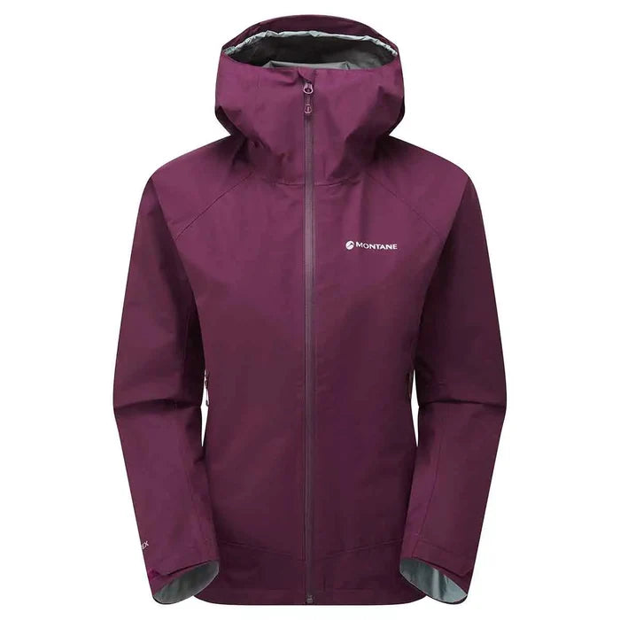 Montane Womens Spirit Waterproof Jacket in deep purple. A lightweight, waterproof raincoat designed for outdoor weather protection. Saskatoon Berry from  John Bull Clothing