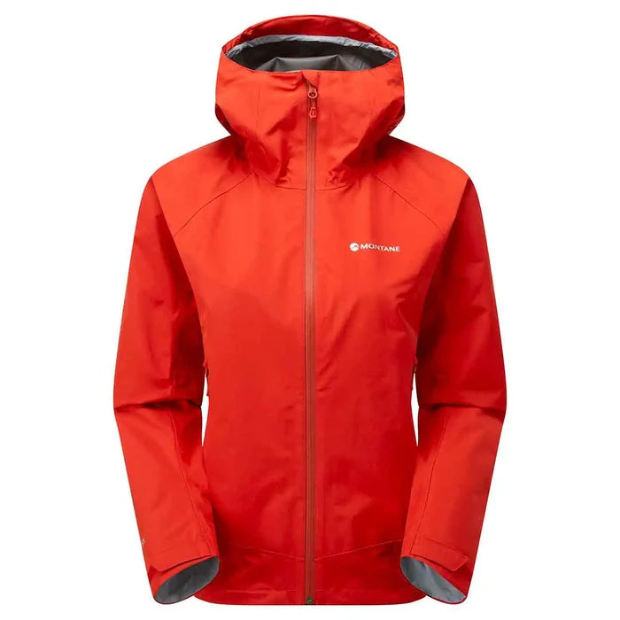 Montane Womens Spirit Waterproof Jacket in vibrant red. Durable and lightweight Gore-Tex raincoat for outdoor adventures. Saffron Red from  John Bull Clothing