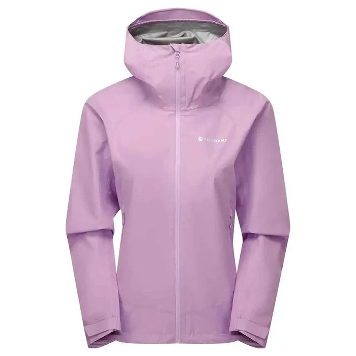 Montane Womens Spirit Waterproof Jacket in soft lilac. Stylish and waterproof raincoat designed for protection in heavy rain. Allium from  John Bull Clothing