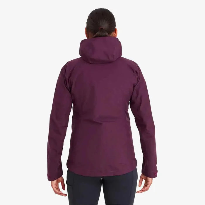 Back view of Montane Womens Spirit Waterproof Jacket in purple. Designed for comfort and protection in wet conditions.  from  John Bull Clothing