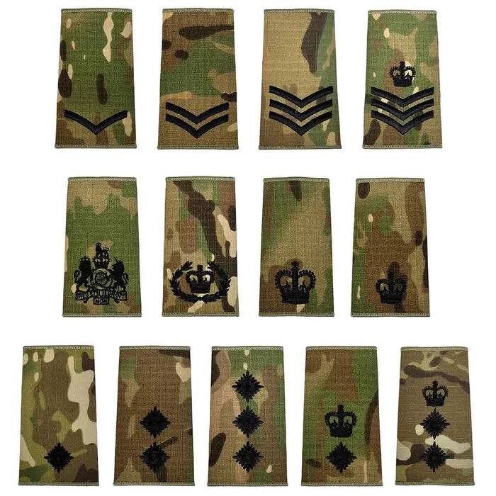 Assorted Multicam Rank Slides with black embroidery for various military ranks, made from durable Cordura fabric by John Bulls.  from  John Bull Clothing