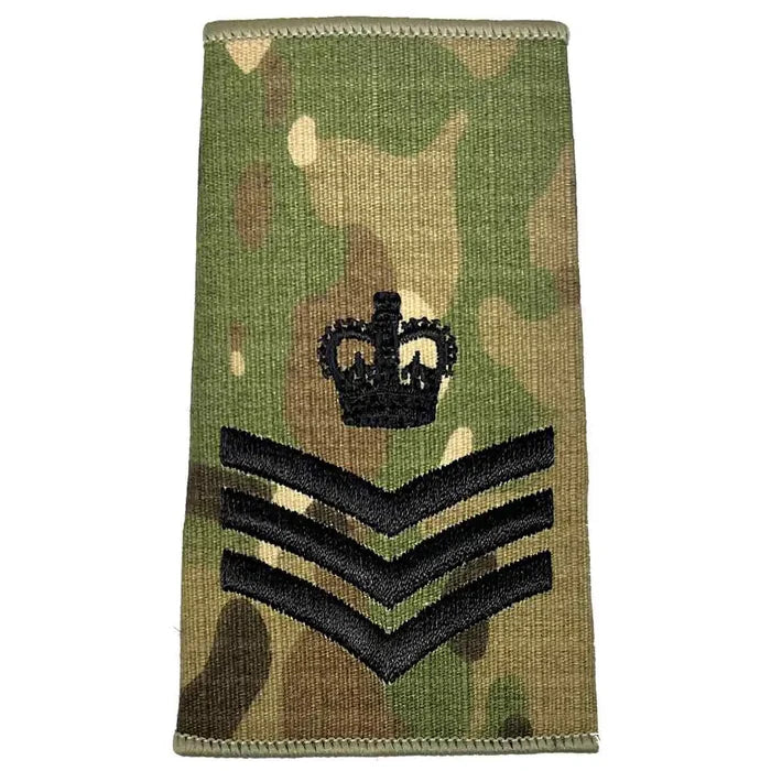 Multicam Rank Slide with three chevrons and a crown in black embroidery, representing staff sergeant rank by John Bulls. Staff Sergeant from  John Bull Clothing