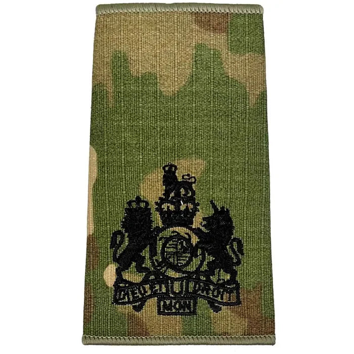 Multicam Rank Slide with detailed black embroidered royal coat of arms, suitable for ceremonial or high-ranking military use. WO1 from  John Bull Clothing