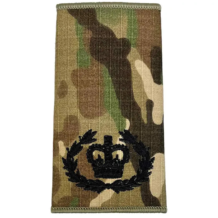 Black embroidered crown within a wreath on Multicam Rank Slide, signifying senior military appointment, made by John Bulls. WO2 RQMS (Crown & Laurel Wreath) from  John Bull Clothing