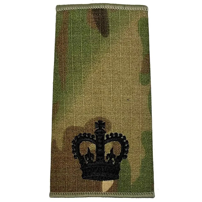 Multicam Rank Slide with a single black crown embroidery, representing officer rank, crafted from Cordura by John Bulls. WO2 - Large Crown from  John Bull Clothing