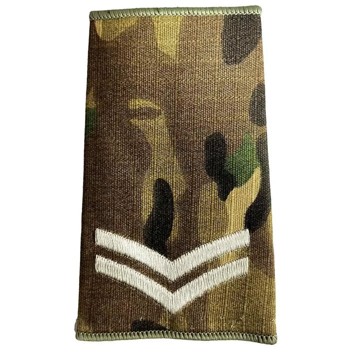 Multicam Rank Slide with two ivory chevrons, representing corporal rank, made from Cordura fabric by John Bulls. Corporal from  John Bull Clothing