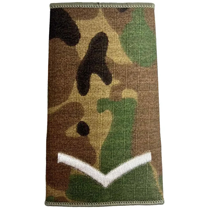 Multicam Rank Slide with single ivory chevron, denoting lance corporal rank, made from durable Cordura by John Bulls. Lance Corporal from  John Bull Clothing