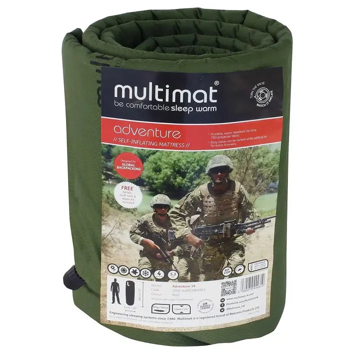 Rolled green self inflating sleeping mat with compression sack  from  John Bull Clothing