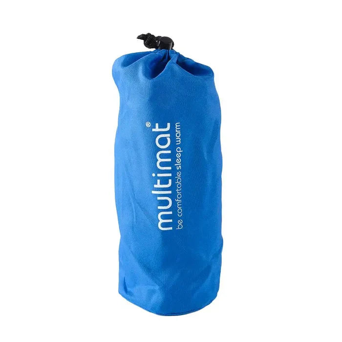 Rolled and packed Multimat Self Inflating Pillow Cushion Blue in drawstring bag, perfect for portable outdoor recreation use.  from  John Bull Clothing