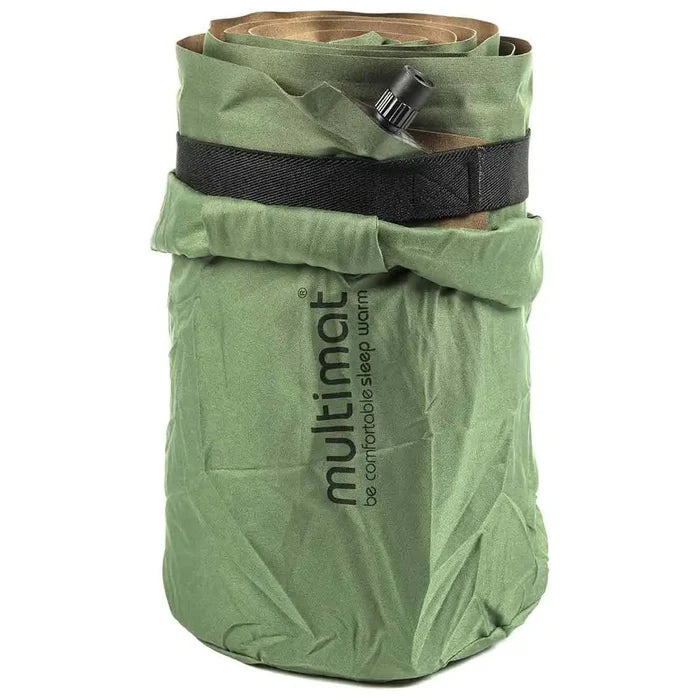 Rolled Multimat Trekker 25S Self Inflating Mattress with securing strap, compact for outdoor storage and transport.  from  John Bull Clothing