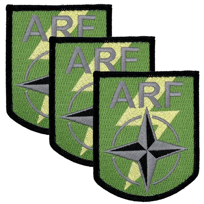 Set of three Nato Allied Reaction Forces ARF Hook & Loop TRF Badges with subdued green, black, and yellow embroidery and Velcro backing. 3 Pack from  John Bull Clothing
