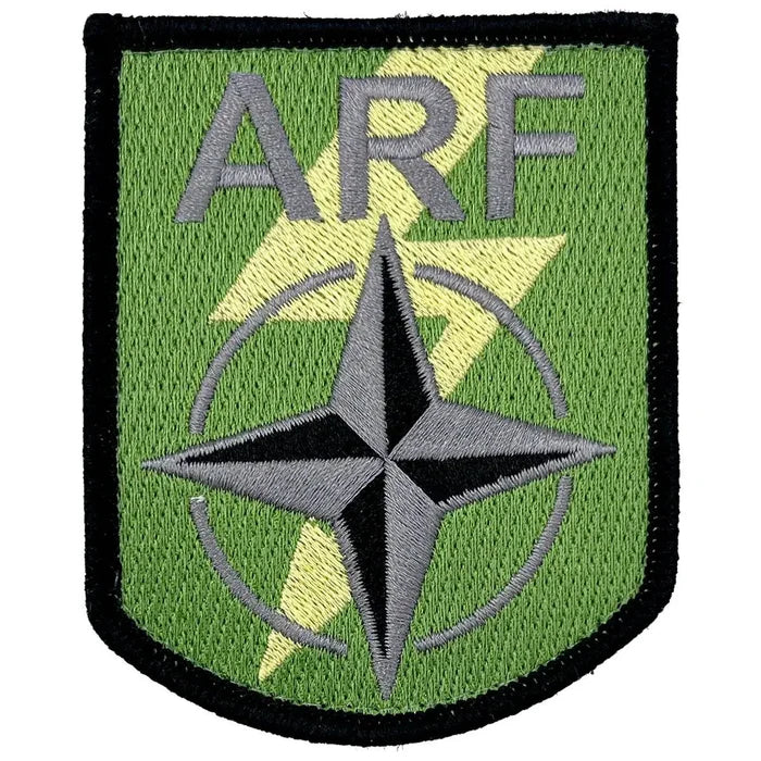 Single Nato Allied Reaction Forces ARF Hook & Loop TRF Badge featuring embroidered compass rose and lightning bolt on green background. Single Flash from  John Bull Clothing