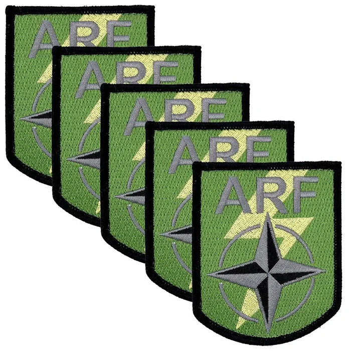 Pack of five Nato Allied Reaction Forces ARF Hook & Loop TRF Badges with military-style subdued colors and Velcro attachment. 5 Pack from  John Bull Clothing