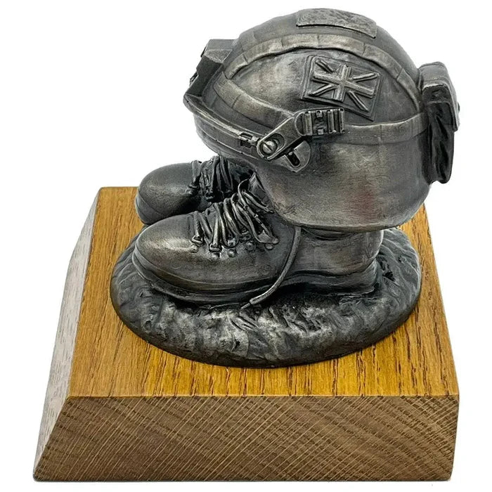 Bronze resin army statue with British flag detail on helmet, realistic AKU-style boots, and wooden display base for military-themed decor.  from  John Bull Clothing