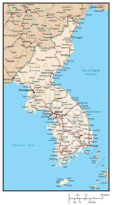 North and South Korea Map with Major Cities and Roads
