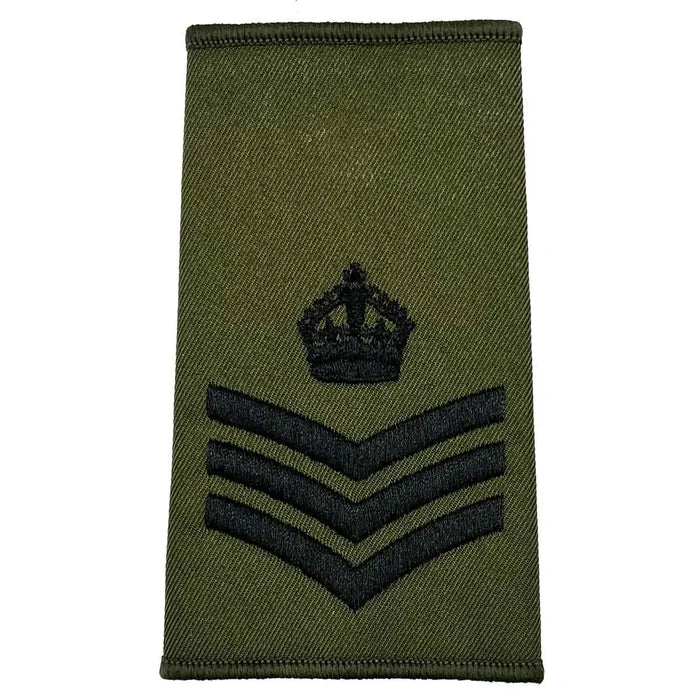 Olive Green Rank Slides with Black Embroidery (Pair) - John Bull Clothing Staff Sergeant with Kings Crown from  John Bull Clothing