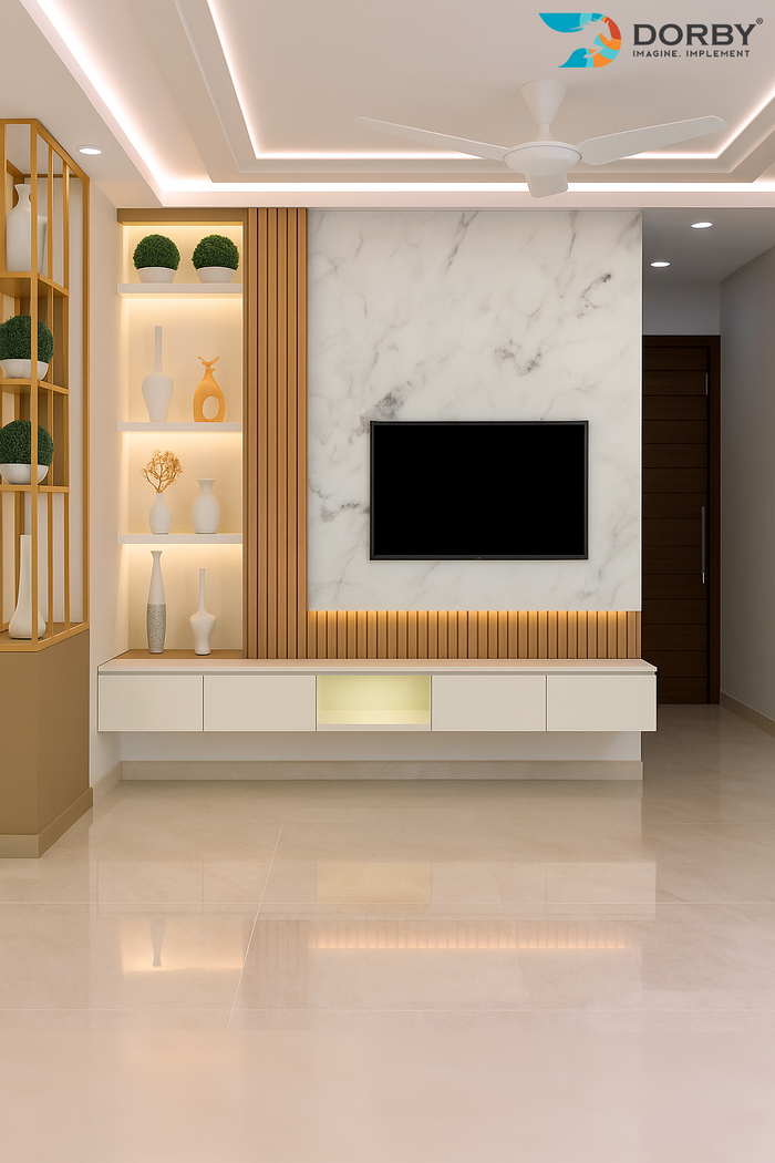 Modern living room with a television mounted on a marble wall, flanked by decorative shelves.