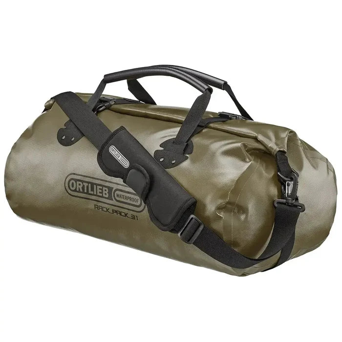 Olive green Ortlieb Rack Pack 31L Waterproof Duffle Bag featuring adjustable shoulder strap and durable waterproof PD620 material. Green from  John Bull Clothing
