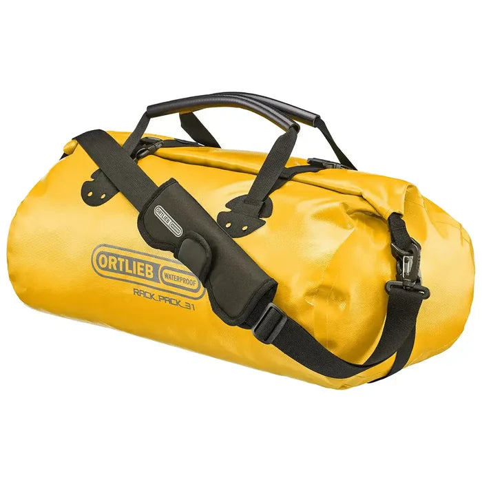 Yellow Ortlieb Rack Pack 31L Waterproof Duffle Bag with reinforced straps and waterproof design, ideal for camping and adventure trips. Yellow from  John Bull Clothing