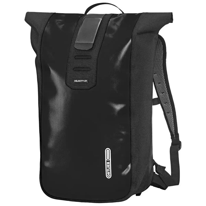 Ortlieb Velocity 23L Dry Backpack in all-black colorway, ideal for unisex adult users seeking a sleek, waterproof hiking backpack. Black from  John Bull Clothing