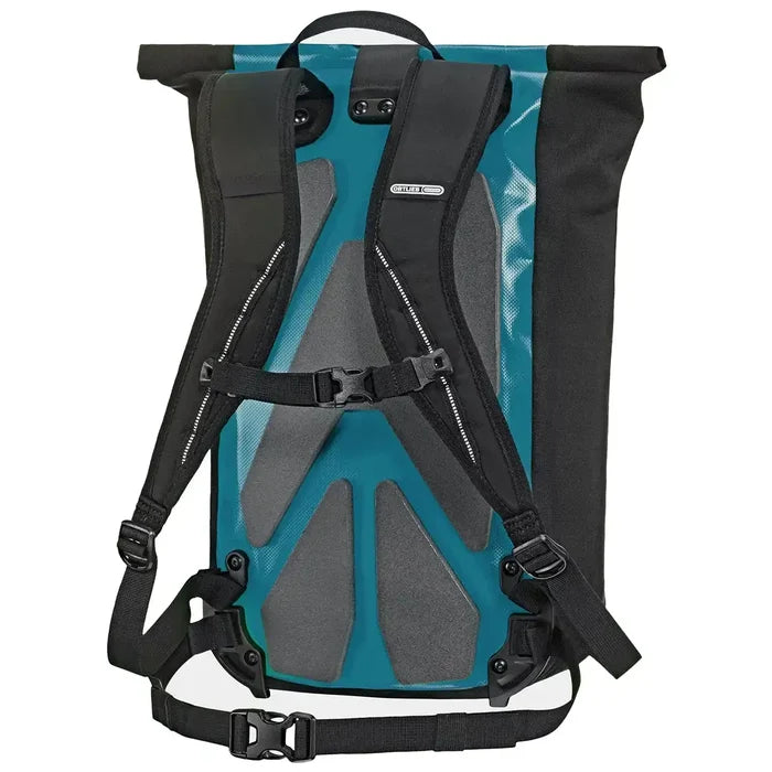 Back view of Ortlieb Velocity 23L Dry Backpack in teal showing padded straps, ergonomic back panel, and adjustable chest strap for comfort.  from  John Bull Clothing