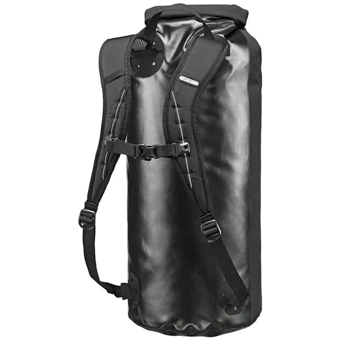 Rear view of Ortlieb X-Tremer 35L Carry Bag Black showing padded shoulder straps and chest buckle for secure, ergonomic carrying during hikes.  from  John Bull Clothing