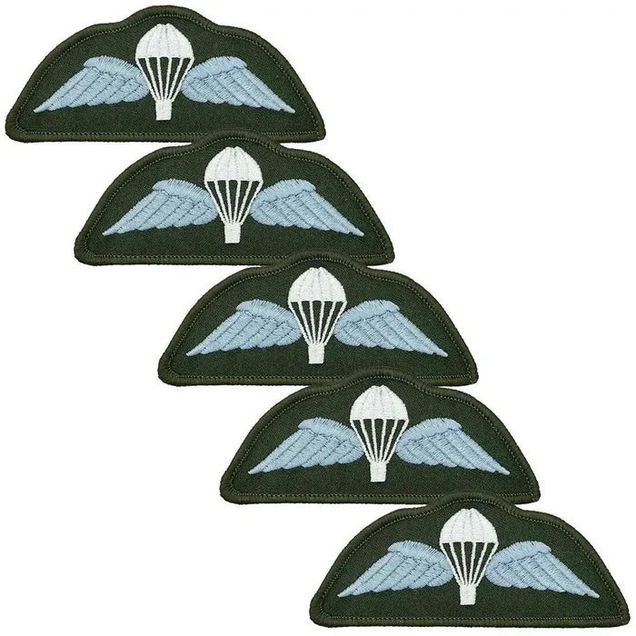 Pack of five Para Airborne Wings patches in blue/white embroidery, hook & loop backed for tactical military use by John Bulls. Blue (Coloured) from  John Bull Clothing