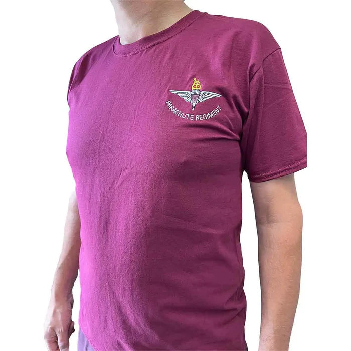 Parachute Regiment Maroon T-Shirt from John Bull Clothing, featuring embroidered badge and text on left chest, unisex cotton design.  from  John Bull Clothing