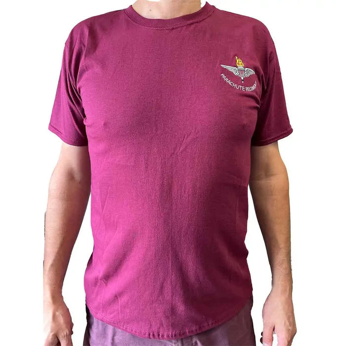 Front view of Parachute Regiment Maroon T-Shirt with detailed embroidery, part of unisex cotton shirts & vests collection.  from  John Bull Clothing